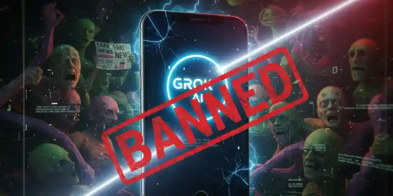 Grok AI Chatbot shown as banned on a smartphone, symbolizing AI fake news.