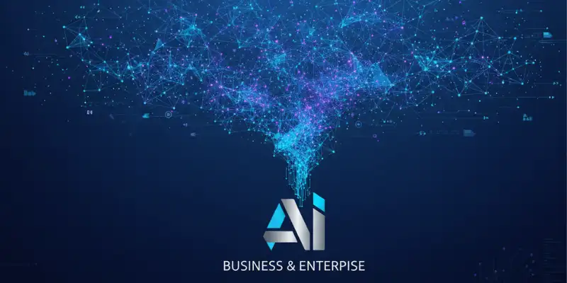 AI agents in enterprise workflows with interconnected nodes and business icons.