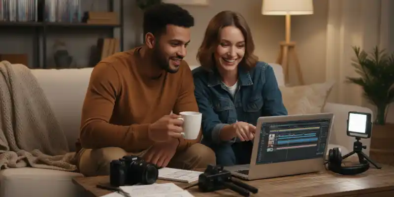 Two filmmakers working together on a laptop using AI in film editing tools