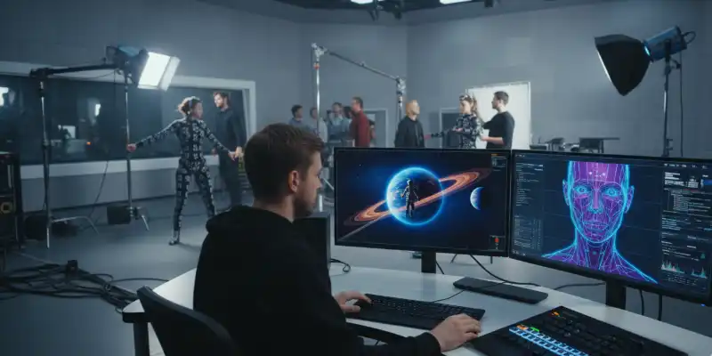 A filmmaker using AI in film software to edit a scene in a modern studio.