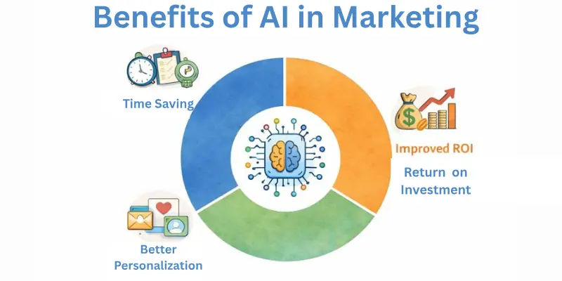 A pie chart illustrating the benefits of AI in marketing, including time savings, improved ROI, and better personalization