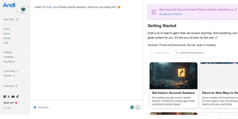 Perplexity AI alternatives comparison showing Andi Search visual card-based AI search results