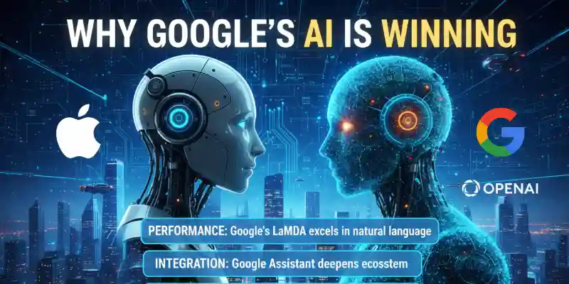 Visual of the Apple and Google AI Partnership with robot heads and logos symbolizing AI advancements