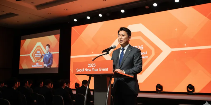 Choi Tae-won speaking at the 2026 Seoul New Year event, discussing AI strategy.