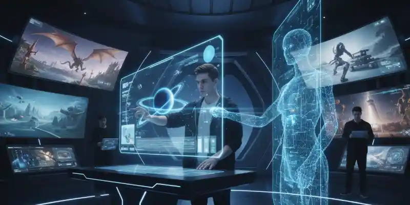 Filmmaker interacting with futuristic AI in film technology, creating digital content in a virtual workspace