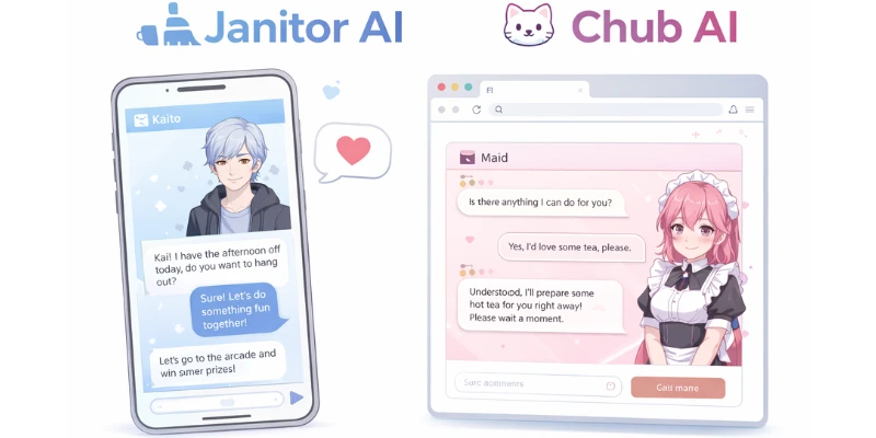 Janitor AI and Chub AI chat interface on white background
