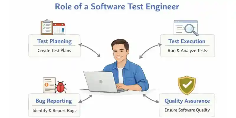 Flowchart showing the software testing engineer's role in software testing, covering test planning, execution, and defect reporting