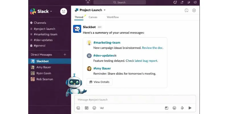 Slack screenshot showing AI-powered Slackbot summarizing unread messages with a robot avatar.