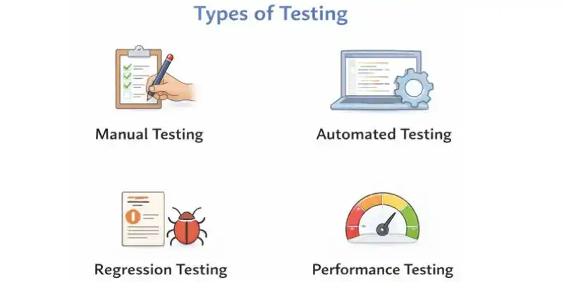 nfographic showcasing different types of software testing, including manual, automated, regression, and performance testing
