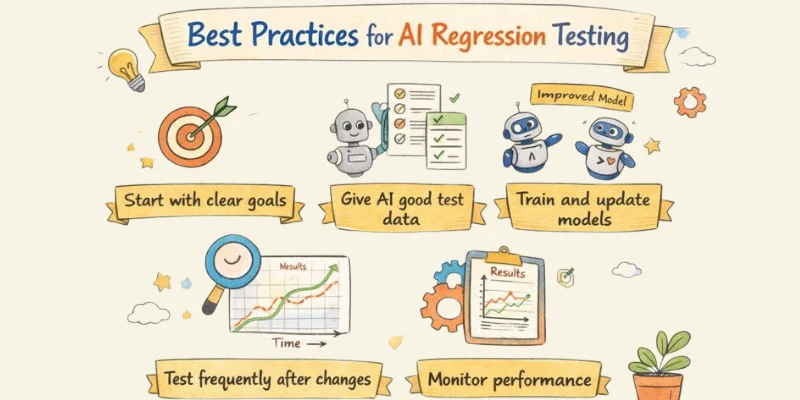 Best practices for AI Regression Testing with tips and icons for success.