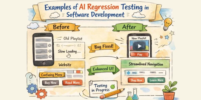 AI Regression Testing infographic showing faster testing, fewer bugs, and automation