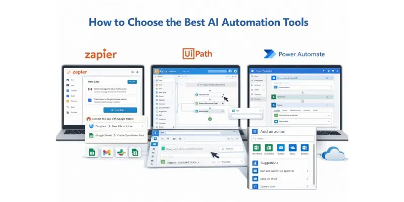 AI automation tools interface including Zapier, UiPath, and Power Automate