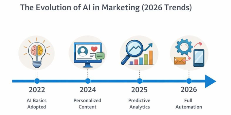 A timeline showing the evolution of AI in marketing from 2022 to 2026, highlighting key trends like personalized content and full automation