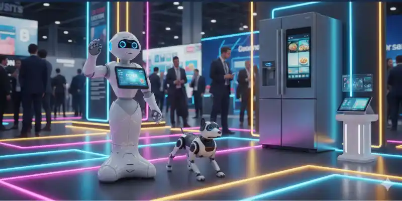 CES AI News featuring advanced humanoid robots and smart AI technology at the global tech expo