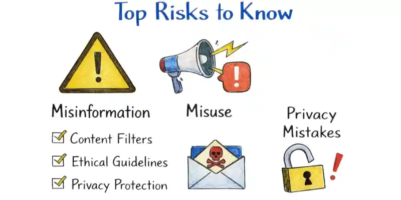 Illustration of risks like misinformation, misuse, and privacy mistakes, emphasizing the importance of understanding Is ChatGPT Safe?

