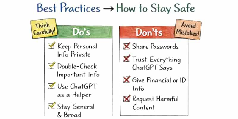  Checklist of best practices for using ChatGPT safely, with do’s and don'ts for privacy and security, answering: Is ChatGPT Safe?
