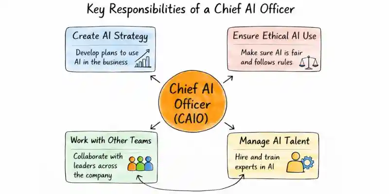 Infographic illustrating the key responsibilities of a Chief AI Officer, including AI strategy, ethics, and talent management.
