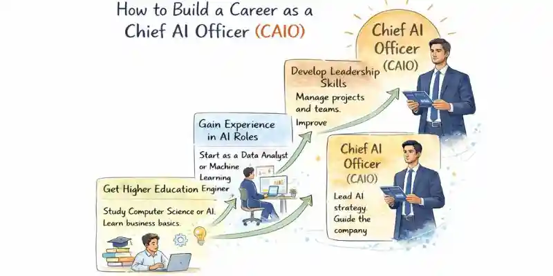 Career path infographic for becoming a Chief AI Officer, from education to leadership skills development.  
