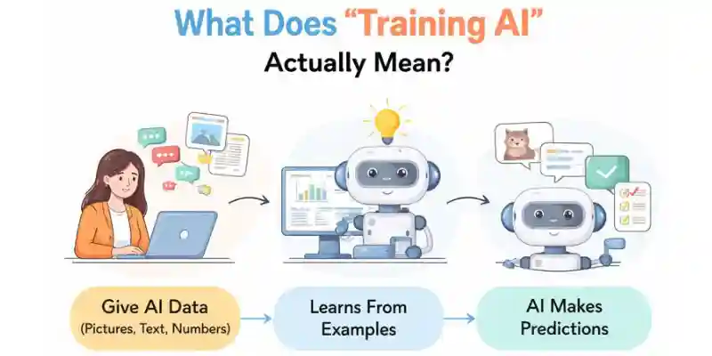  Simple diagram showing how to train AI by giving data, learning from examples, and making predictions.
