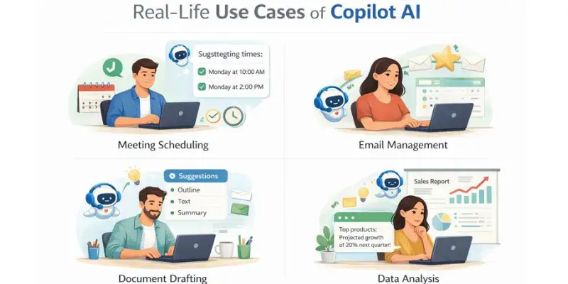 Real-life examples of Copilot AI in use for scheduling, emails, documents, and data analysis