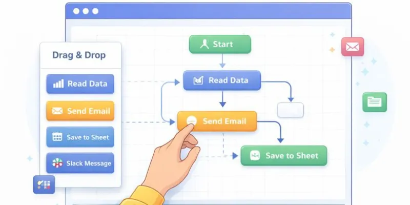 A simple flowchart demonstrating how no code AI agents automate workflows with a drag-and-drop interface."