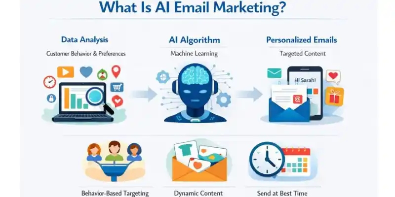 Infographic showing how AI email marketing works from data analysis to personalized emails
