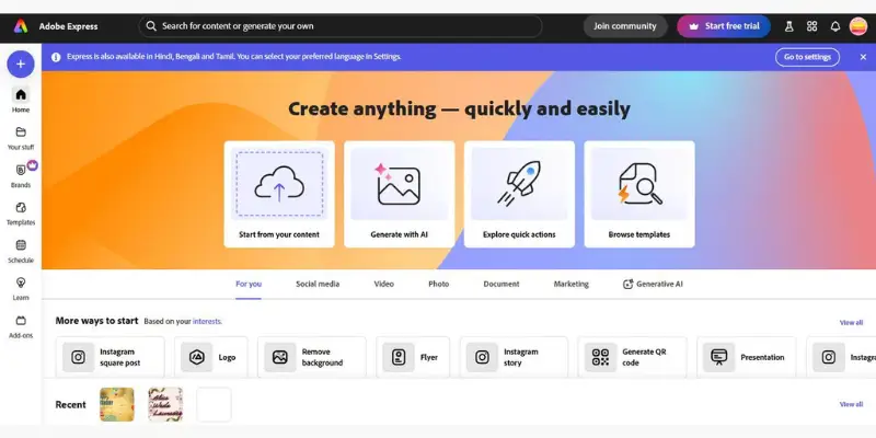 adobe express interface