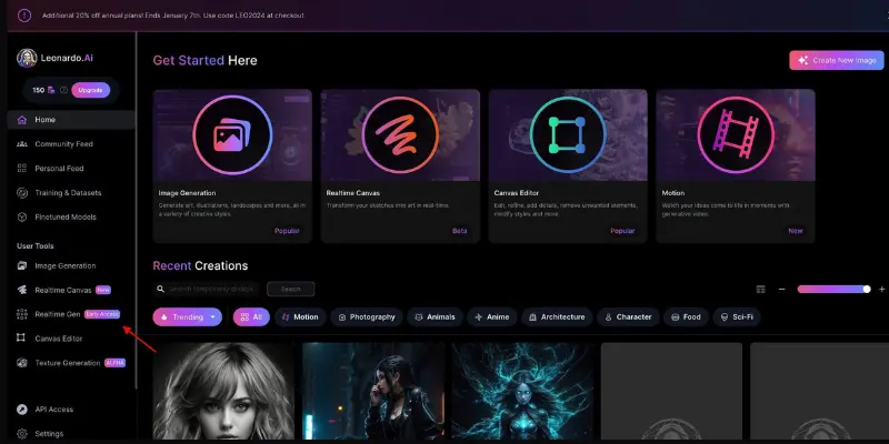 Leonardo AI dashboard for image and video generation
