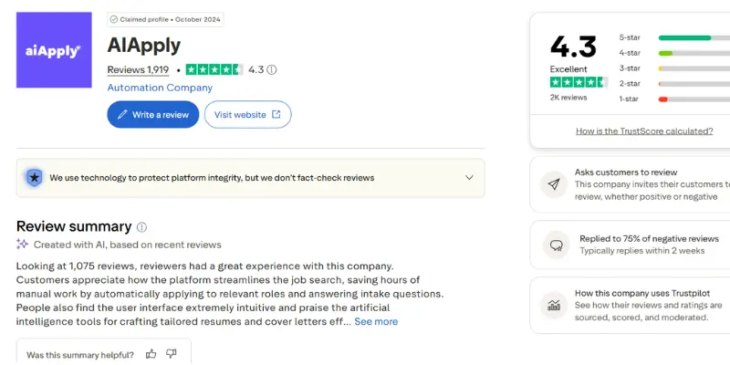 ai apply trustpilot reviews