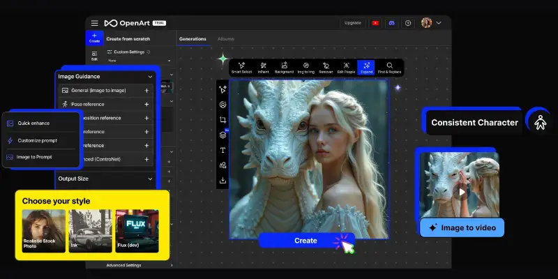 OpenArt dashboard with AI art and video tools
