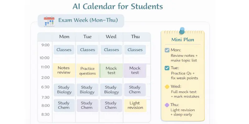 AI calendar for students, showing a weekly schedule with study blocks and exam