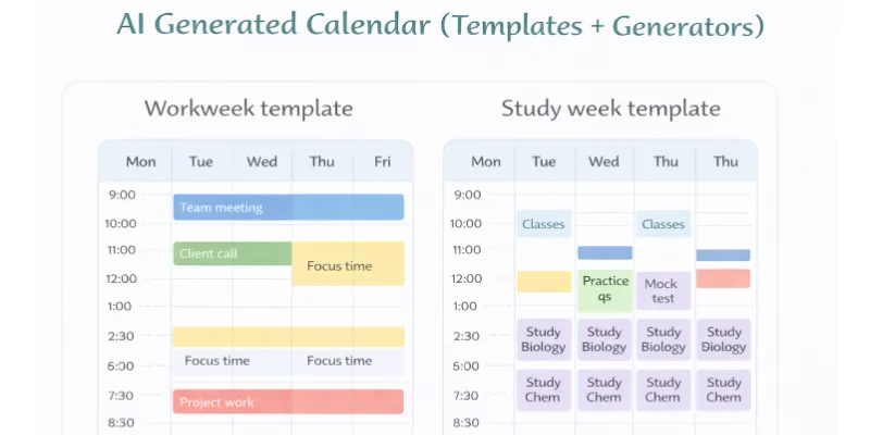 AI-generated calendar templates for workweek and study week with time blocks