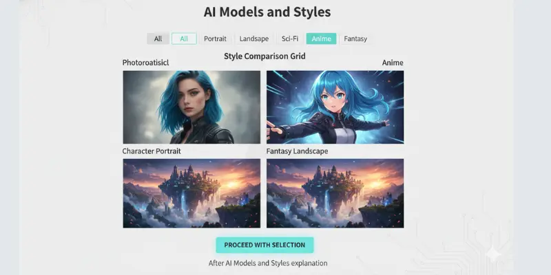  AI model selection screen for photorealistic and anime generation styles
