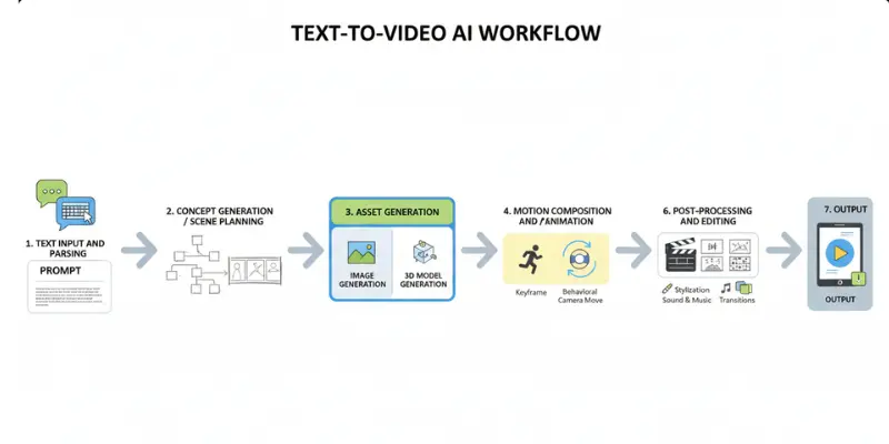  AI video generator tool converting text into video scenes clean infographic style
