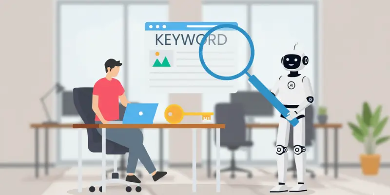 ai tools for seo keyword research interface showing search volume, keyword ideas and competition analysis
