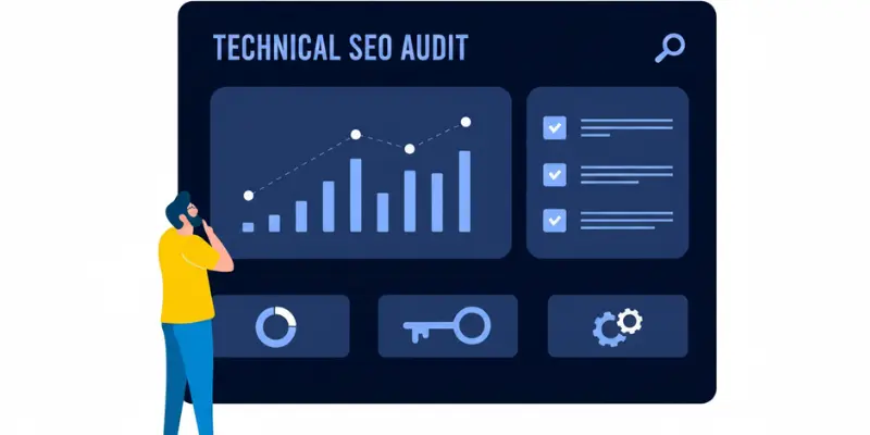 ai tools for seo technical audit dashboard showing site errors, speed issues and optimization report
