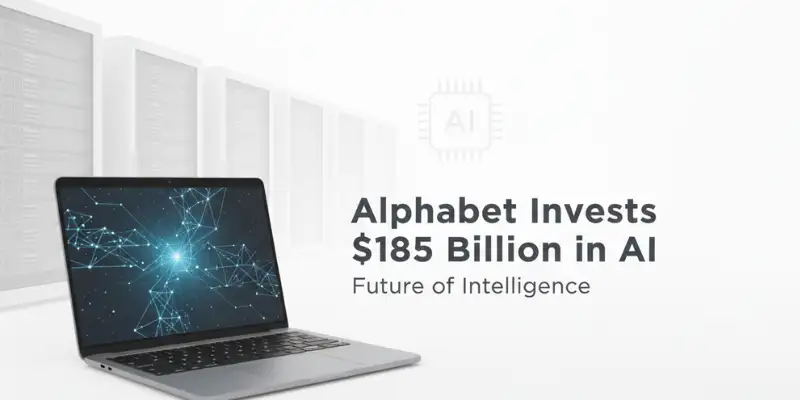 Alphabet AI spending theme with laptop, neural network graphic, and clean white tech background
