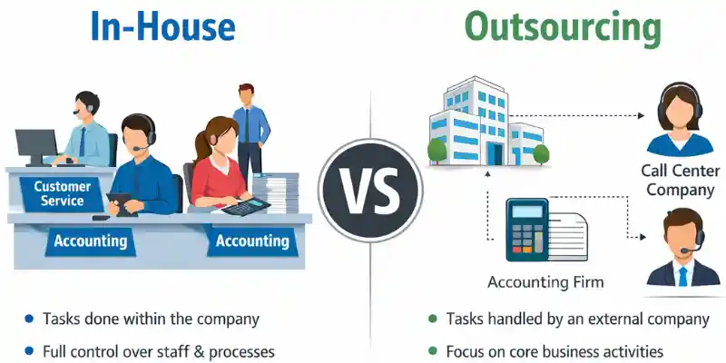 Outsourcing example comparing in-house tasks like customer service with outsourced services such as call centers and accounting firms