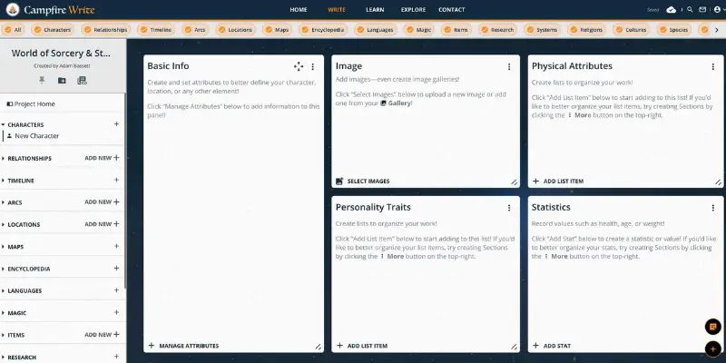  Campfire Writing worldbuilding dashboard
