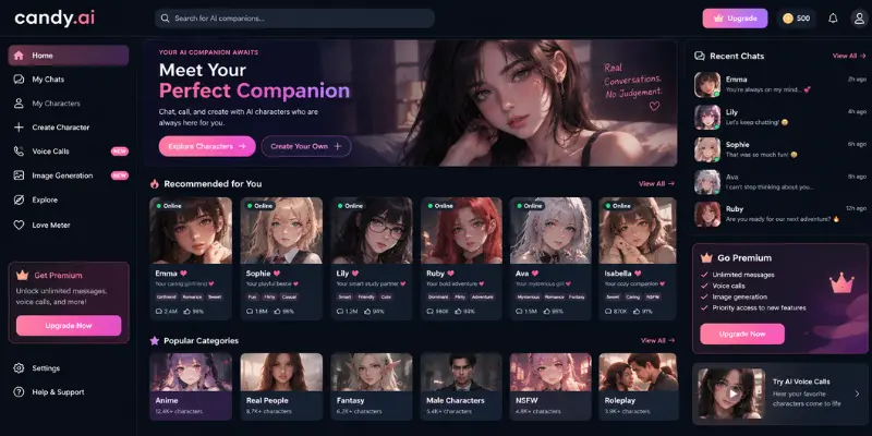 Candy AI dashboard for AI companion chat and virtual characters