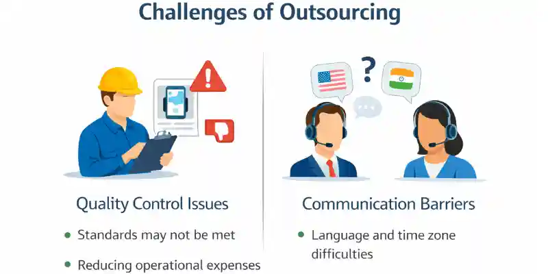 Outsourcing example showing common challenges like quality control issues and communication barriers faced by companies