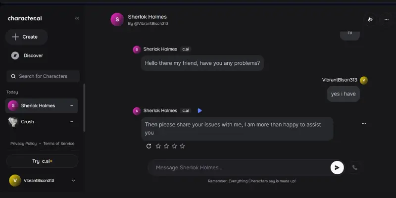Character AI chat dashboard