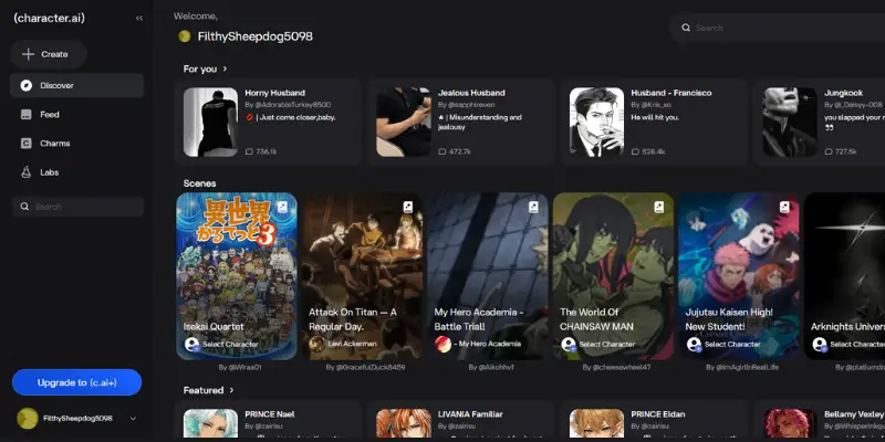 Character.AI dashboard for AI character chat and roleplay