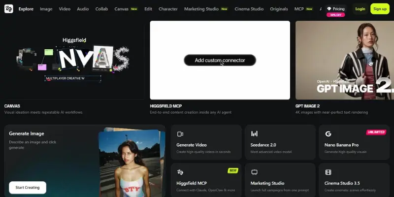 Higgsfield dashboard with cinematic camera controls
