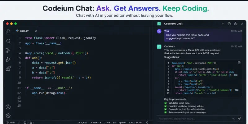 codeium chat sidebar answering a coding quesion inside the editor 