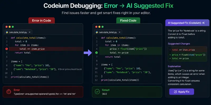 codeium debugging showing an error an ai suggested code fix 