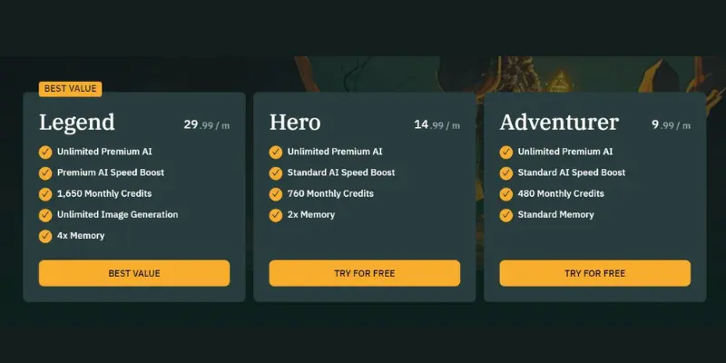  AI Dungeon credits system explained showing in-game currency and usage scale options
