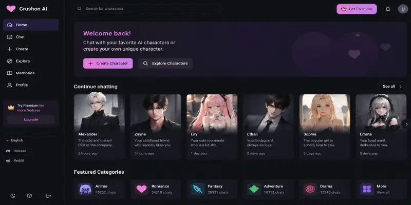 CrushOn AI dashboard with AI character chat and roleplay features 
