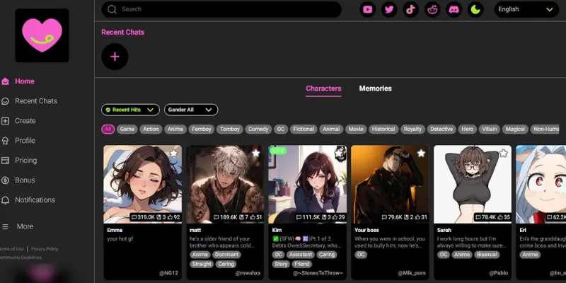 CrushOn AI dashboard with community characters
