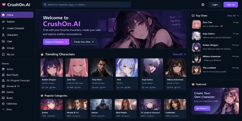 CrushOn.AI dashboard for AI character roleplay and chat